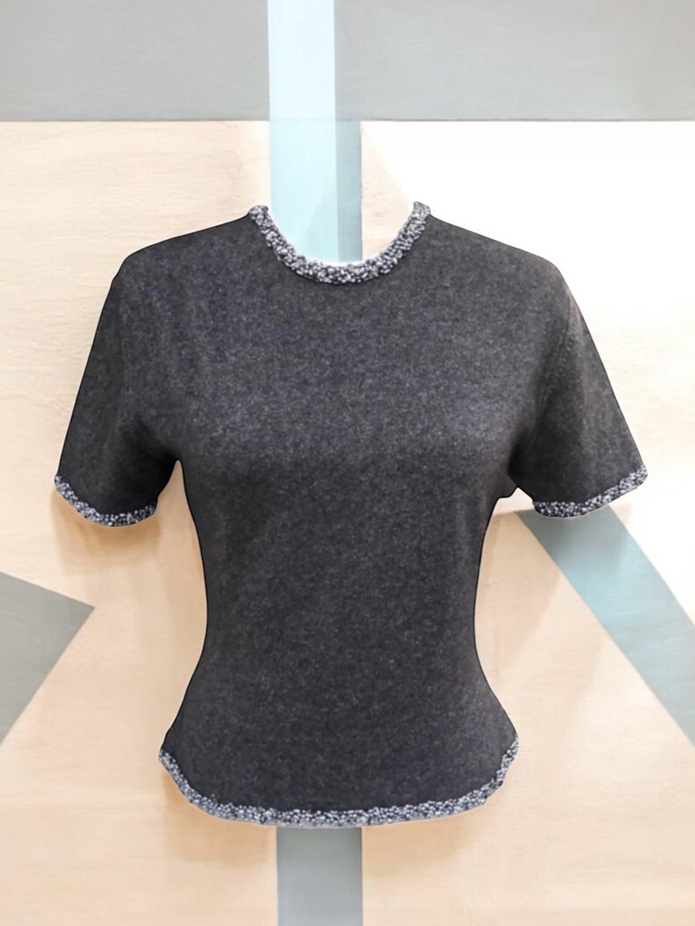 Barney Cheng Cashmere Silk Sweater Grey Sequin Bead Trim Crew Neck Short Sleeve